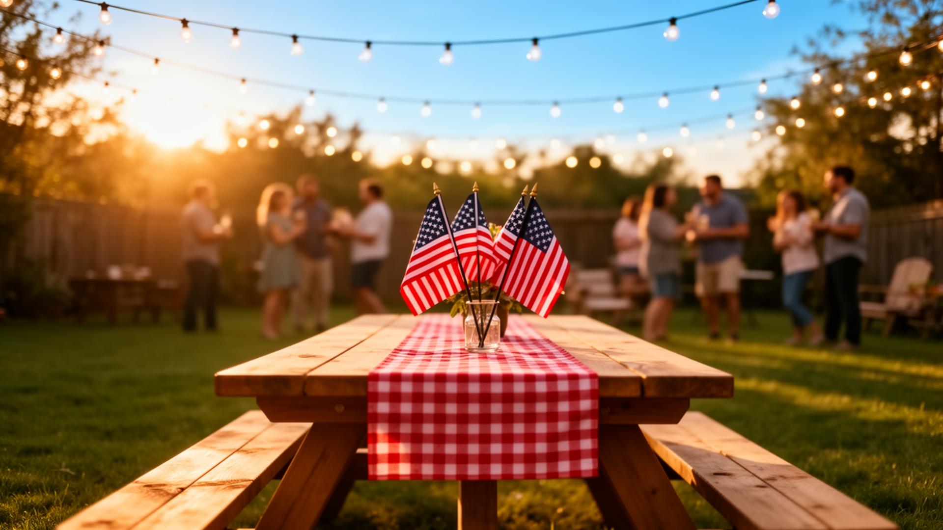 Backyard picnic table with American flags and string lights at sunset